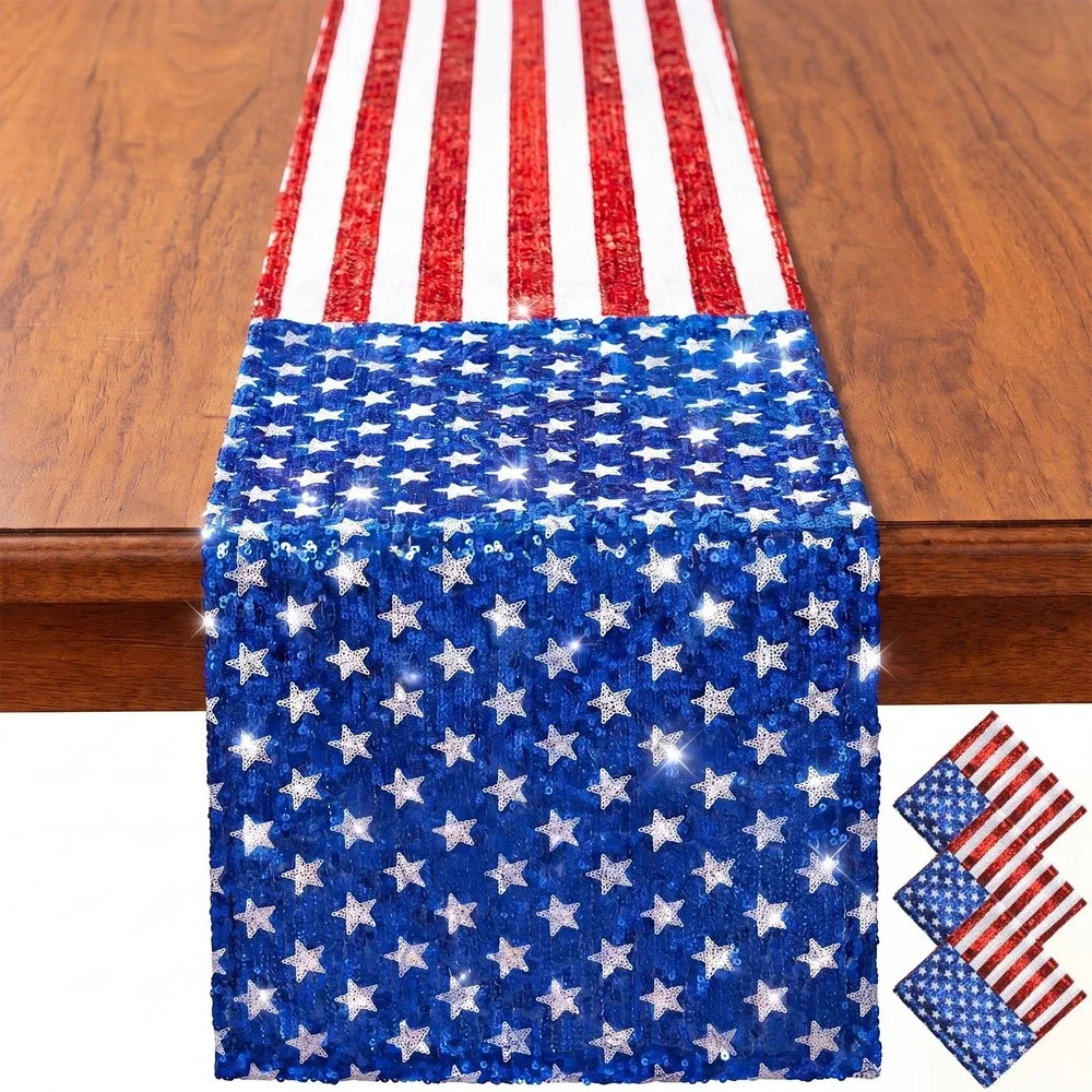 NWT 3 Pc Patriotic Sequin Table Runner Set 4th of July USA Flag 72